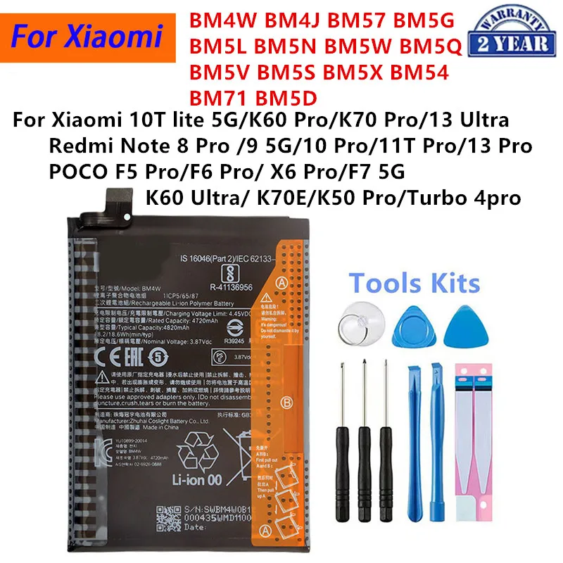 BM4W BM5Q BM5N BM5S BM5X Battery For Xiaomi 10T lite K60 K70 Pro 13 Ultra Redmi Note 8 9 10 11T 13 Pro /Poco F5 F6 F7 Pro/Turbo