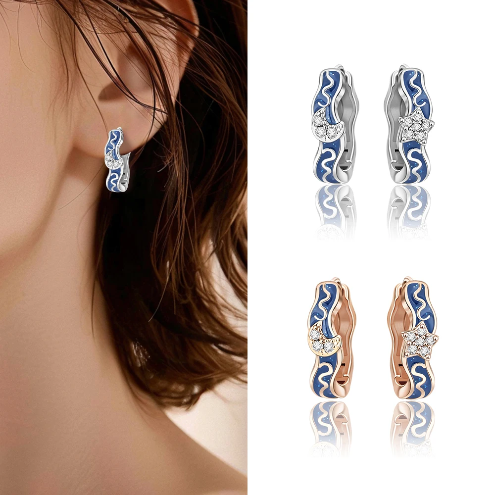 

Original Products 925 Sterling Silver Blue Ocean Rose Gold Star and Moon Irregular Earrings Birthday Party Jewelry Gifts