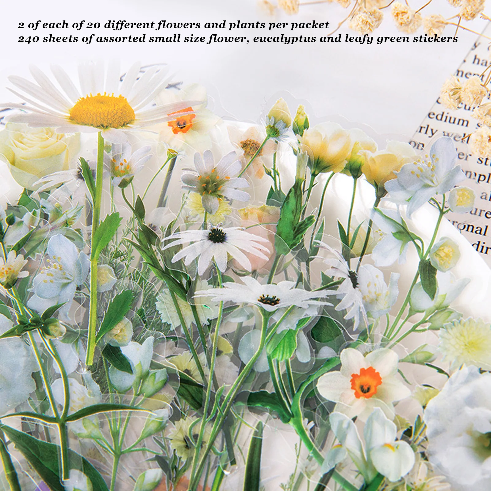 

Floral Stickers Set 6 Pack Hand Crafted PET Transparent Decorative Flower Stickers Waterproof for Scrapbooking Album DIY