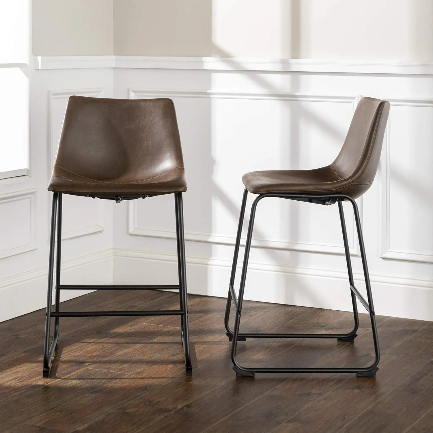 Douglas Urban Industrial Faux Leather Armless Counter Chairs, Set of 2, Brown