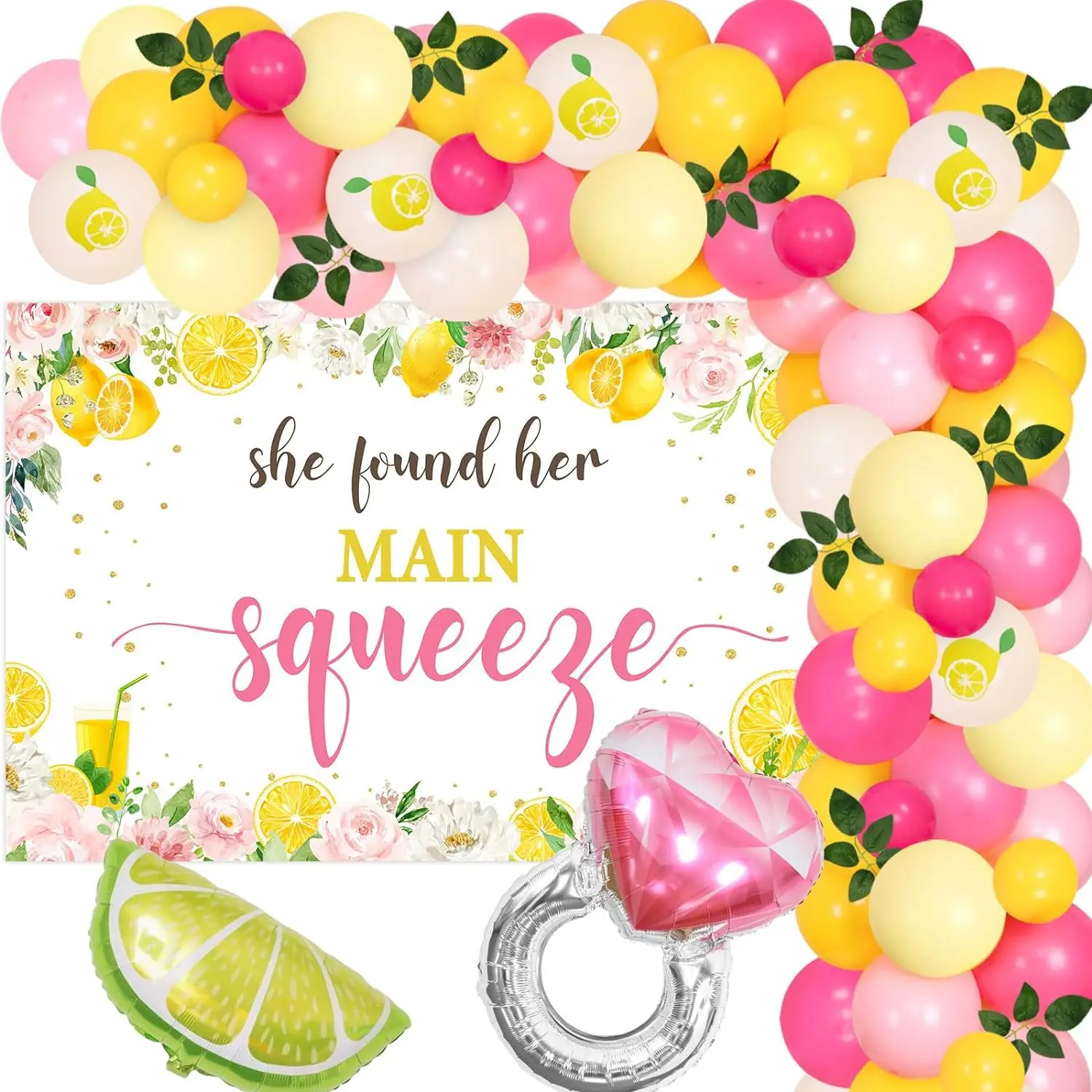 

Lemon Bridal Shower Decor She Found Her Main Squeeze Backdrop Diamond Ring Balloons Arch Artificial Leaf Engagement Bachelorette