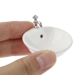Dollhouse Bathroom Sink 1:12 Miniature Ceramic Wash Basin Bathroom Sink Model Simulation Accessory for Dollhouse White