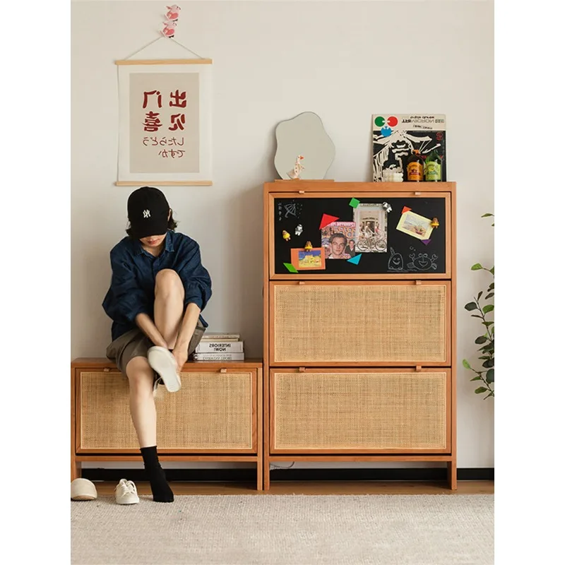 Nordic solid wood shoe cabinet, ultra-thin storage shoe changing stool at the door of the home, Japanese-style simple entry
