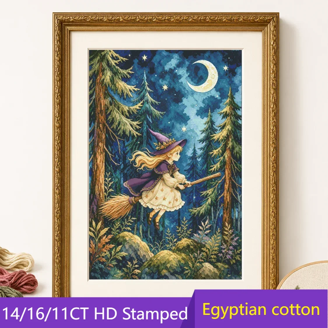 [ZZ9002-The Little Witch in the Forest] DIY Stamped Cross Stitch Kit 18CT, Hand Stitching, Creative Needlework Project