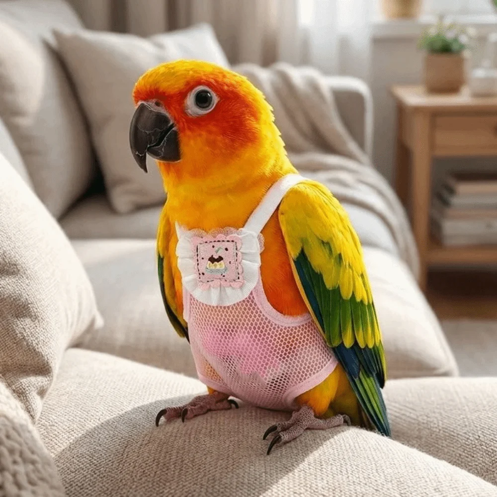 Breathable Mesh Pet Parrot Diaper Adjustable Snap-Closure Bird Flight Suits Cartoon Pattern Bird Vest for Cockatiel Pigeons