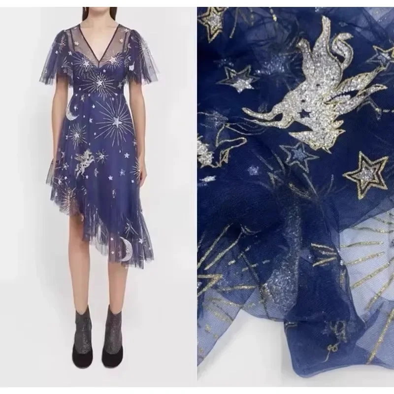 Fantasy Mesh Fabric Hot Stamping Shining Gold Spraying Stars Moon Sewing Dress Wedding Dress Clothing Diy Fabric