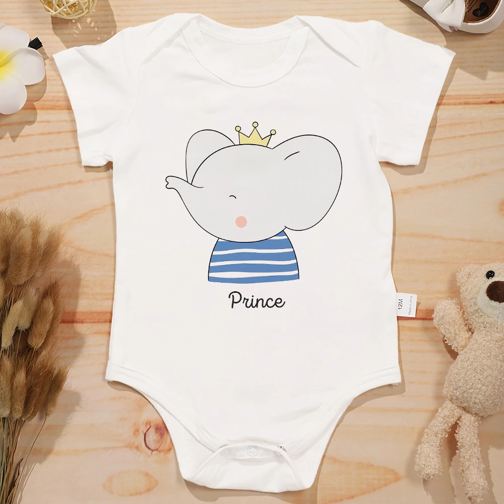 Cute Elephant Prince Baby Boy Clothes Bodysuit Kawaii Harajuku Fashion Streetwear Toddler Jumpsuit Cotton High Quality Cheap