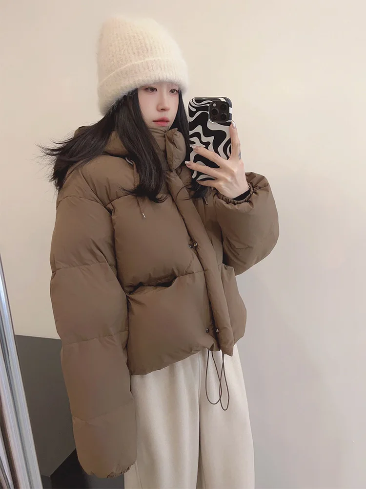 Simple White Duck Down Hooded Down Jacket Short Korean Winter Women Warm Drawstring Long Sleeve Puffer Jackets Trend Overcoat