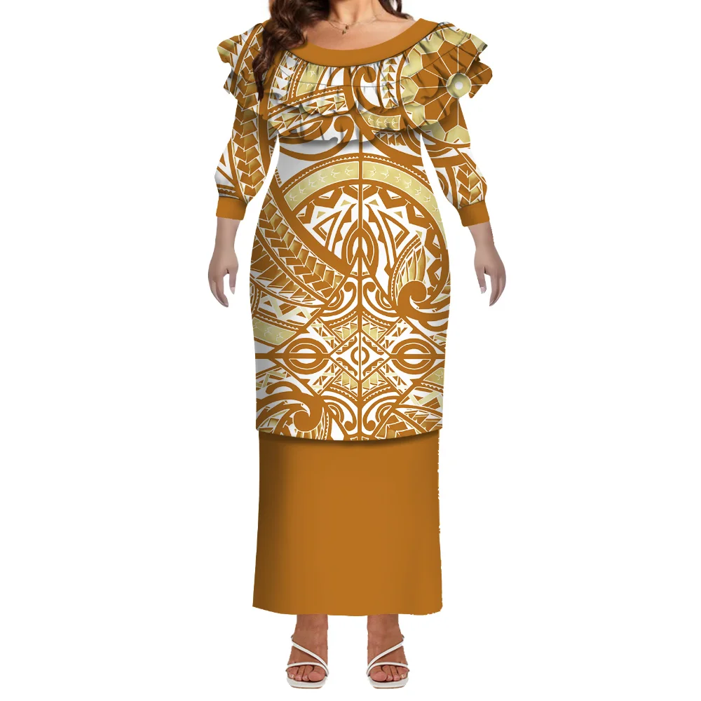 New Design Women'S Round-Neck Red Puletasi Custom-Made Polynesian Island Long-Sleeved Top And Skirt Formal Occasion Dress