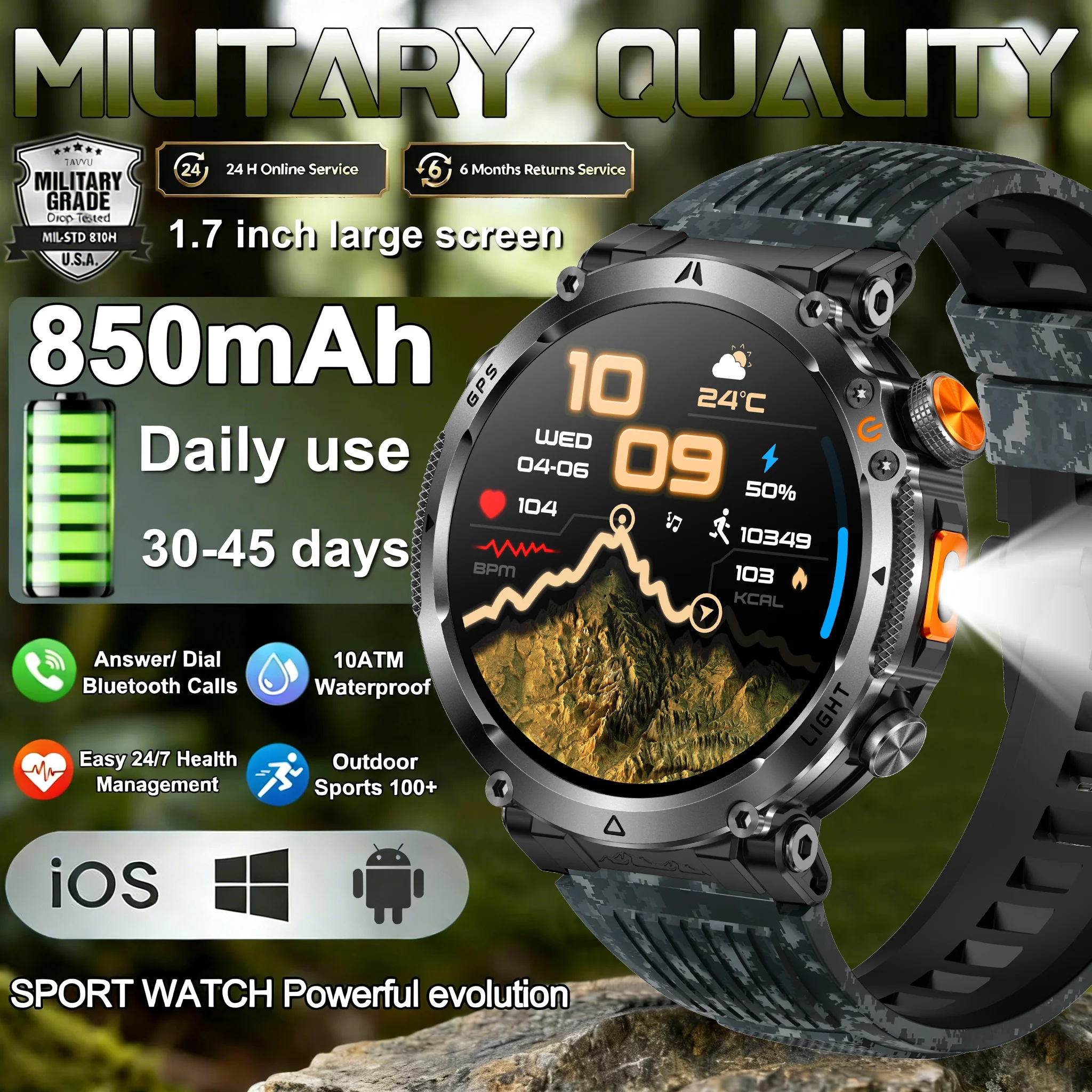 

Смарт-часы T-REX Military OutdoorSports с GPS, светодиодным фонариком, аккумулятором 580 мАч, водонепроницаемостью 3ATM, компасом, Bluetooth и функцией беспроводных звонков.