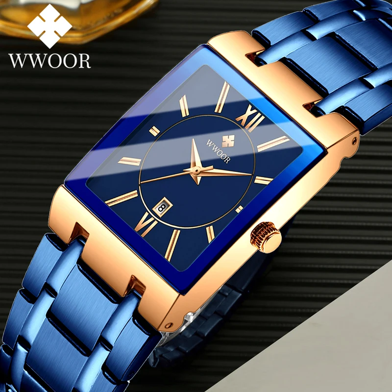 WWOOR Fashion Watches Men Top Luxury Square Blue Men\'s Wristwatch Stainless Steel Waterproof Quartz Clock Male Relogio Masculino