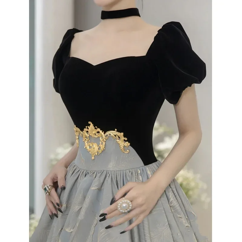 Customized Elegant French Square Puff Short Sleeve Birthday Party Dress Personality Spliced Design Long A-line Ruched Gown Back