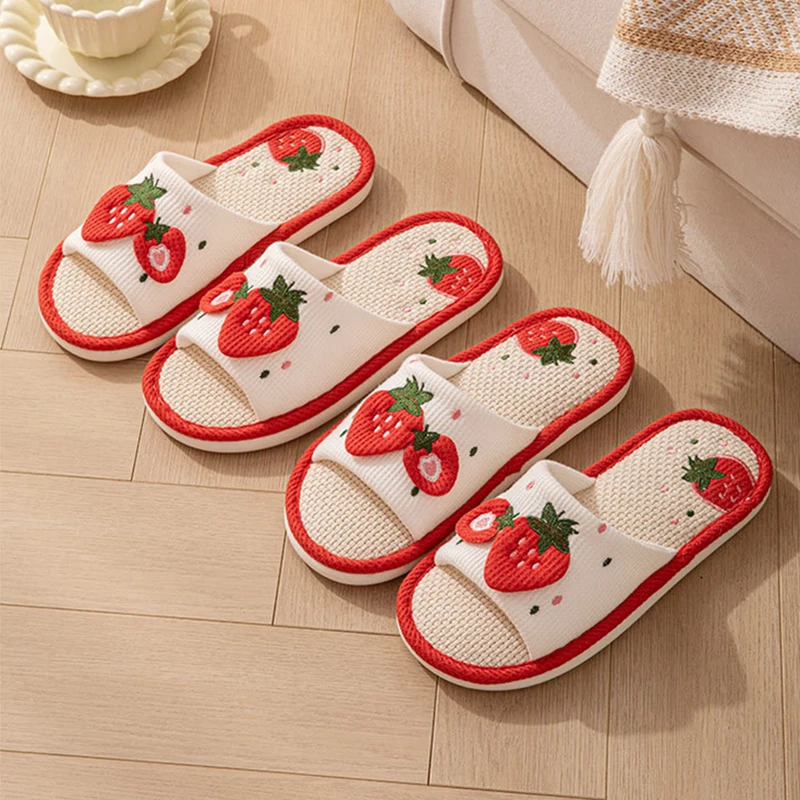 Strawberry Linen Women Slippers Home Open-Toe Designer Summer Shoes Girls Indoor Slides Non-Slip Soft Silent Unisex Breathable image 4
