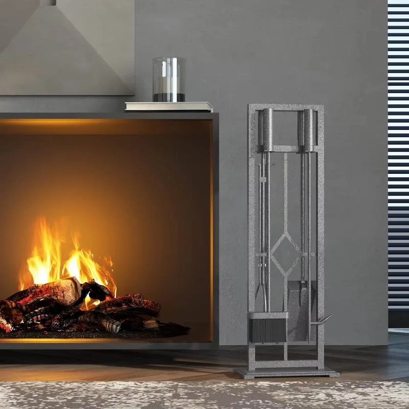 pieces-fireplace-tools-set-wrought-iron-fire-place-pit-poker-holder-black-fast-delivery