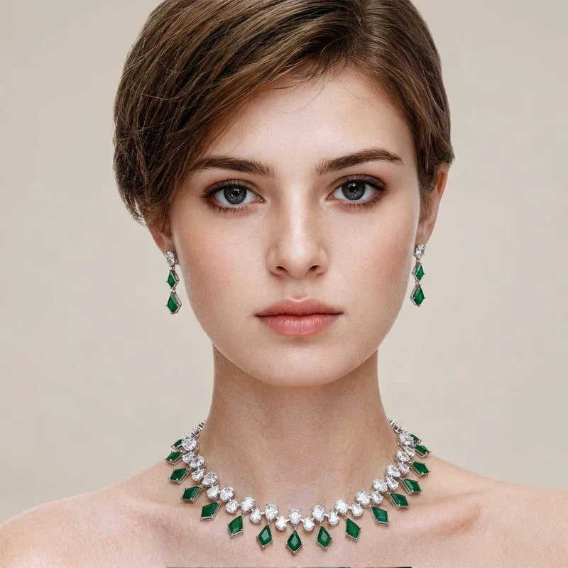Designer Collection Earrings Necklace Women Lady Inlay Blue Green Red Rhombic Cubic Zircon Tassels Dinner Party Jewelry Sets