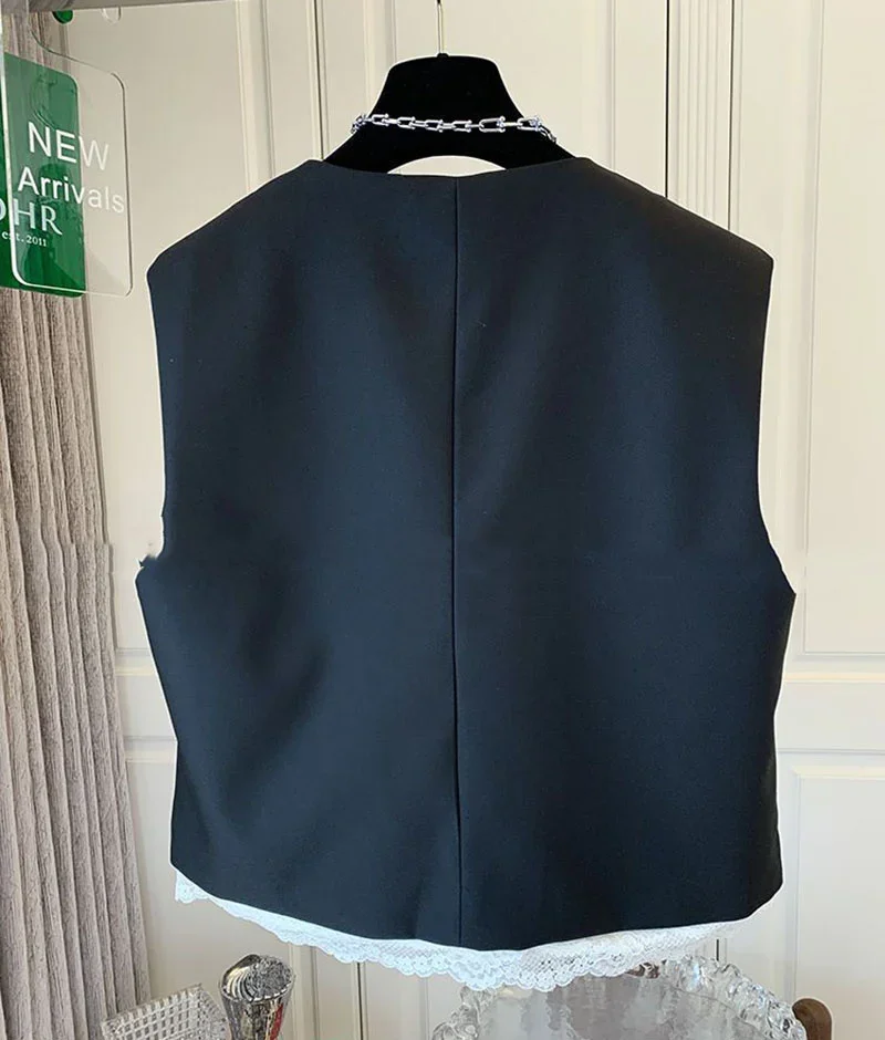 New Lace Patchwork Women Vest Korean O Neck Casual Sleeveless Jackets Female Loose Waistcoat Vintage Chic Tops Women Clothing