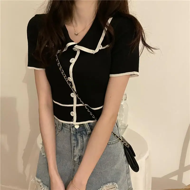 2023 Summer Han Reducing Age Outer Wear Cardigan Striped Contrast Short Sleeve Polo Neck Short Top Knitted Cardigan Crop Top