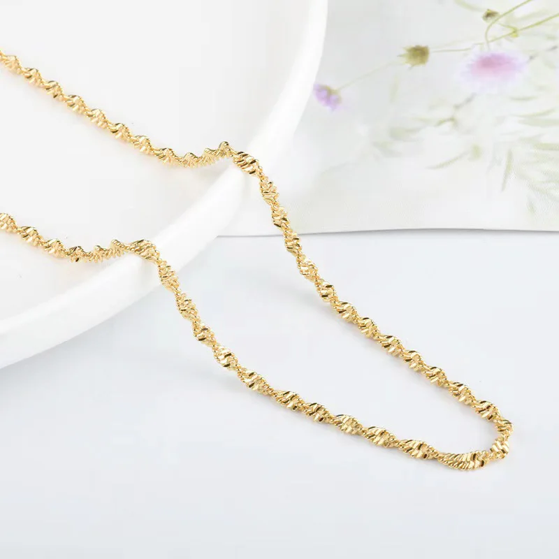 Water Proof Not Fade Shiny 24K Gold Color Plated Stainless Steel Unisex Women Men Fashion Twist Wave Classic Pure Chain Necklace