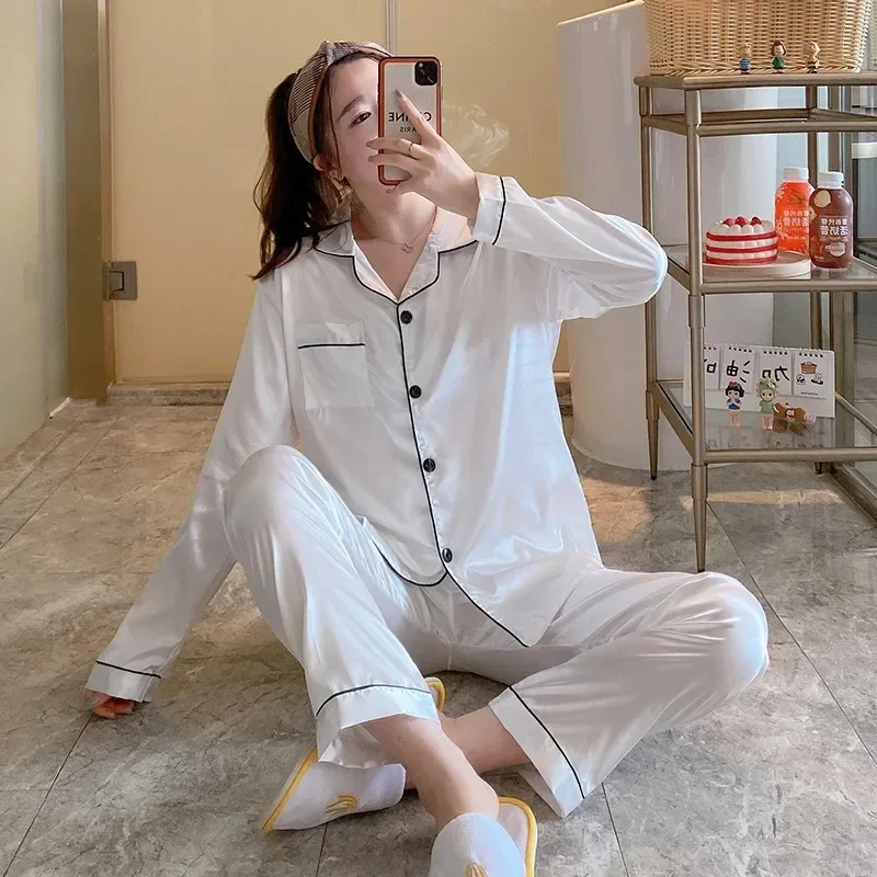 

Женский весенне-осенний тонкий комплект, женская одежда для сна, шелковый воротник, домашняя одежда с длинными рукавами, однотонная женская повседневная одежда