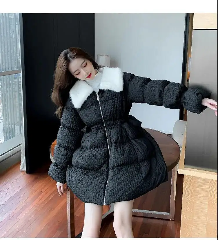 Korean Sweet Mid-Length Padded Coat for Women Winter Doll Collar Waist-Cinching Puffer Parkas Woman A Line Fluffy Quilted Jacket