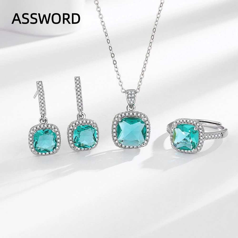 925 Sterling Silver Cushion Paraiba Blue CZ Jewelry Set 4Pcs Necklace Dangle Earrings Ring Women Wedding Bridal Gift