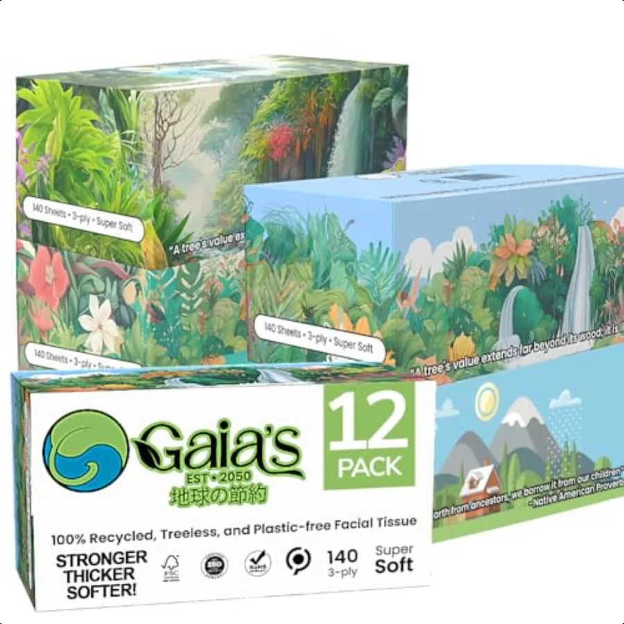 

3-слойные салфетки для лица Gaias Premium, прочные и мягкие, 140 листов, 1680 листов, 12 коробок, изготовленные из переработанной бумаги, пластиковая упаковка Zero