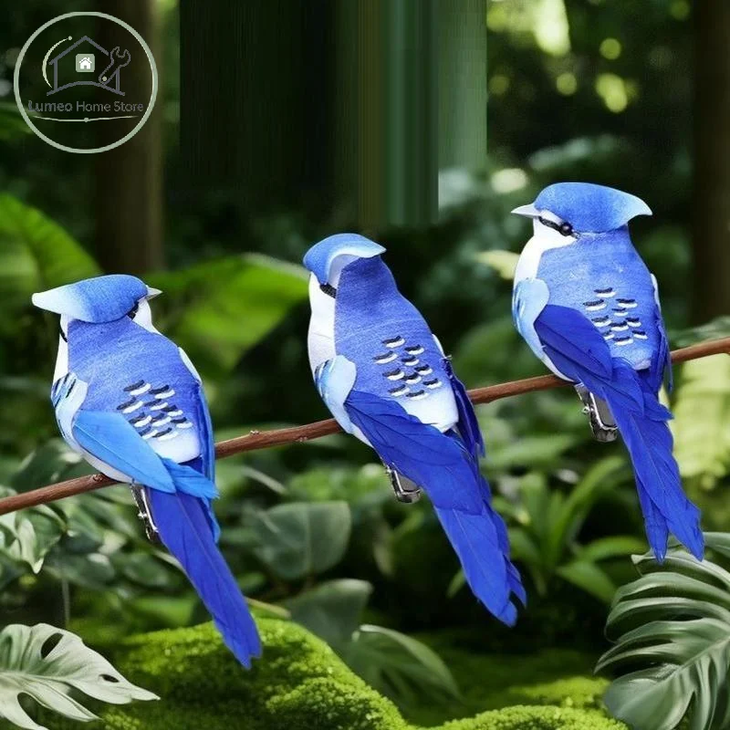 Artificial Simulation Birds 3Pcs Blue Real Feather Foam Animal Models for DIY Christmas Tree Wreath Home Decor