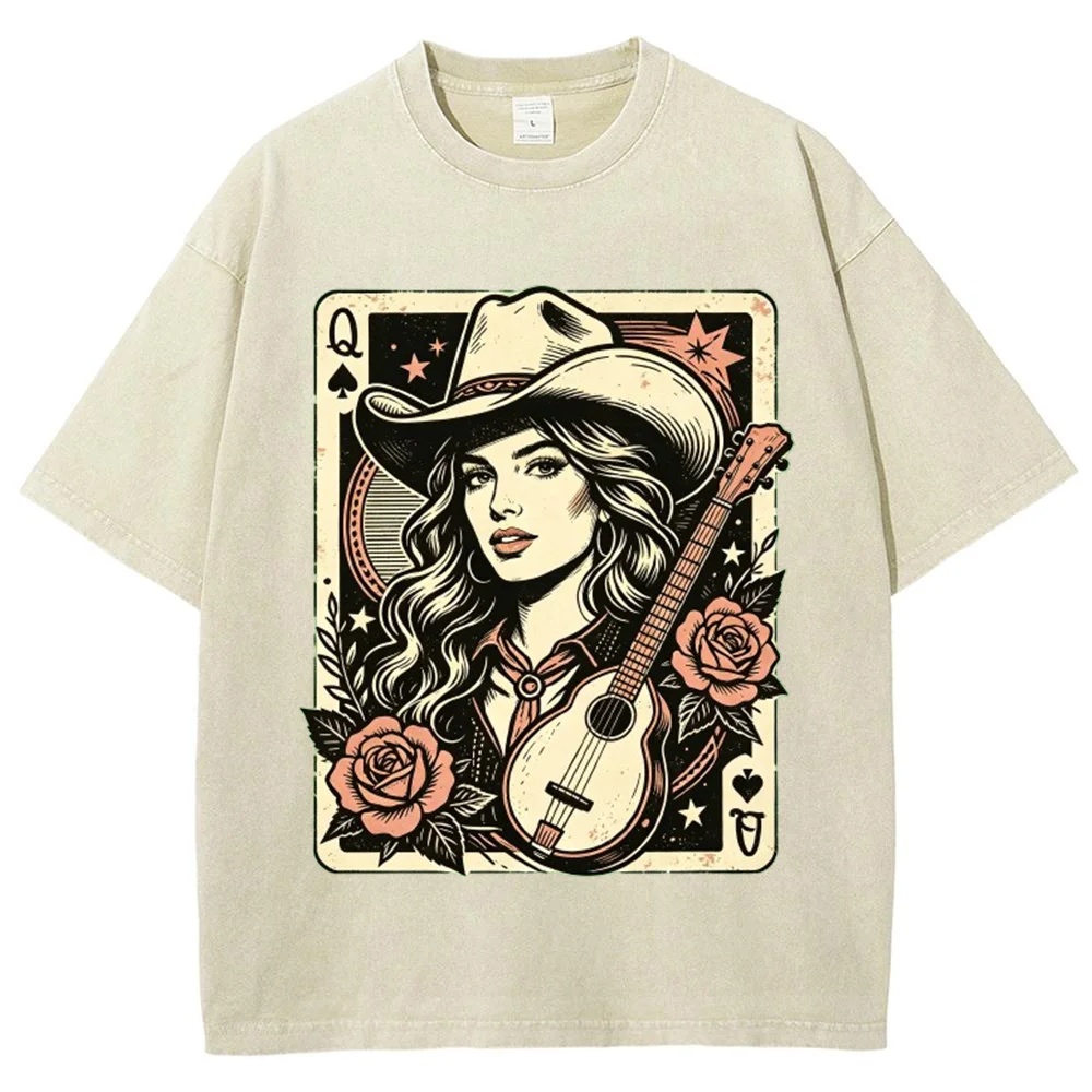 Womens Vintage Cowgirl Graphic T Shirt Western Guitar Rose Print Casual Short Sleeve Tee Country Music Festival Summer Top ﻿