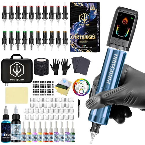 Kit de tatuaje POSEIDON V5, Kit de pluma de tatuaje con pantalla a Color para maquillaje permanente, máquina de tatuaje, fuente de alimentación inalámbrica para tatuaje, Kit de tatuaje