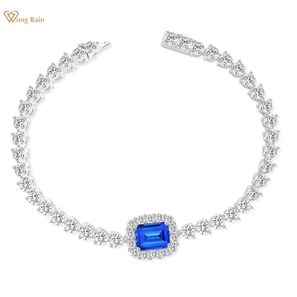 Wong Rain 100% 925 Sterling Silver Pass Test Emerald Cut 7*9 MM Blue Spinel Gemstone Bracelets Bangle Anniversary Gifts Jewelry