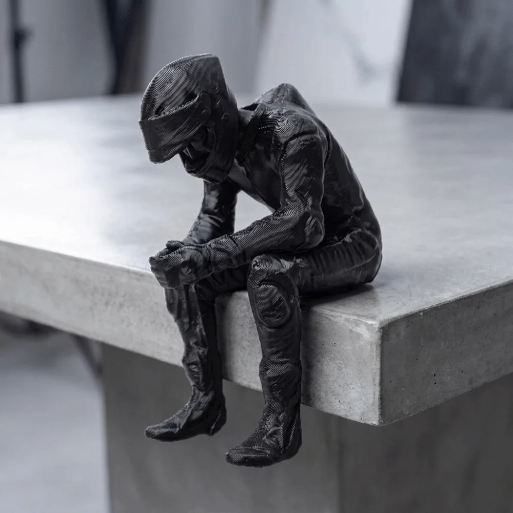 Plastic Motorcycle Rider Figurine Black Decorative Racing Style Seated Figurine 3D Printed Sitting Biker Art Statue for Home