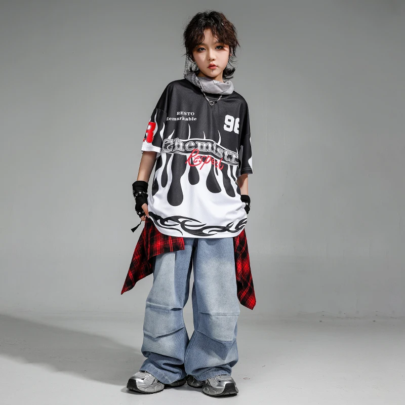 Jungen Teenager Hip Hop Kontrast T-shirt Feuer Jogger Hosen Mädchen K-pop Street Dance Kostüme Kinder Jazz Kleidung Kinder streetwear