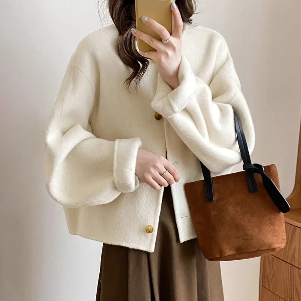 

Double-Sided Wool Coat for Women Thickened Cashmere Warm Jacket Short with Small Large Sleeves Fashionable Outerwear
