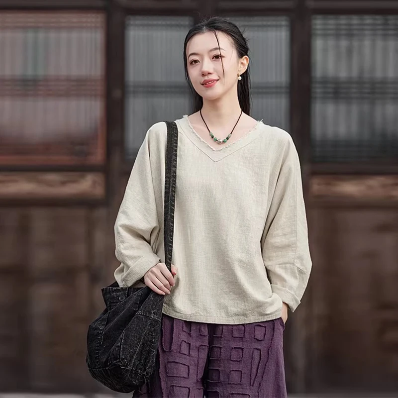 Cotton Linen V-Neck Top 2026 New Original Retro Plus Size Pullover Batwing Long Sleeve T-Shirt Women's Autumn Loose Versatile