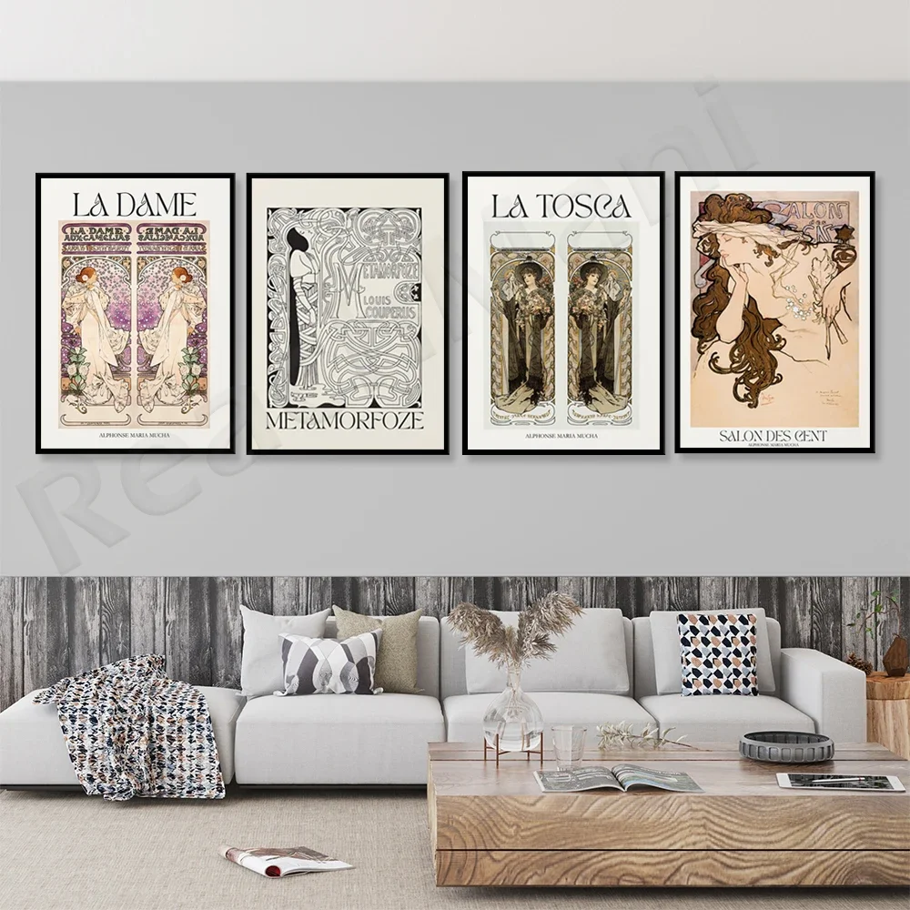 La Tosca, Alphonse Mucha | Antique Vase with Vintage Wall Decor, Beige Belle Epoque Abstract Wall Art Museum Poster | Art Nouvea