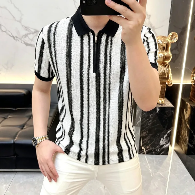 Ice Silk Striped Knitted Business Polo Shirts Men Retro Summer Half Zipper Casual Social T-shirt Short Sleeve Office Social Top