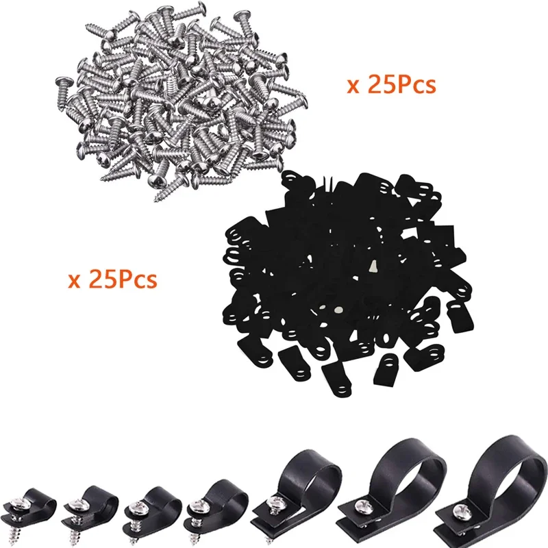 25 x ID 5/6,3/8/9,4/12/19/28 mm schwarzer Nylon-R-förmiger Kabelklemmenclip mit 25 Schrauben, elektrischer Schlauchschlaufen-Fixiererhalter – Detail 1