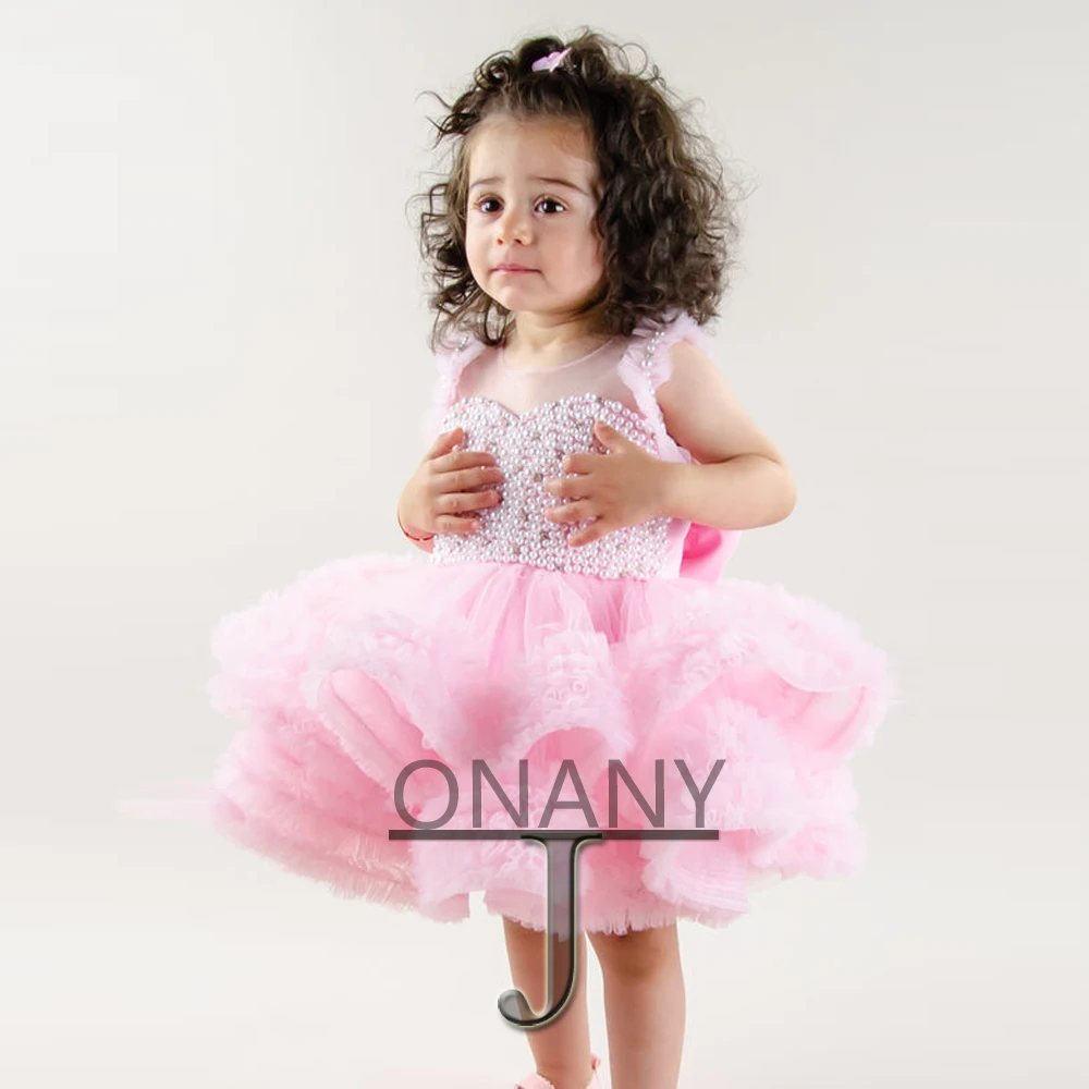 

JONANY Stylish Pearls Flower Girl Dress Ruffles Bow Back Made To Order Birthday Pageant Communion Robe De Demoiselle Baby Party