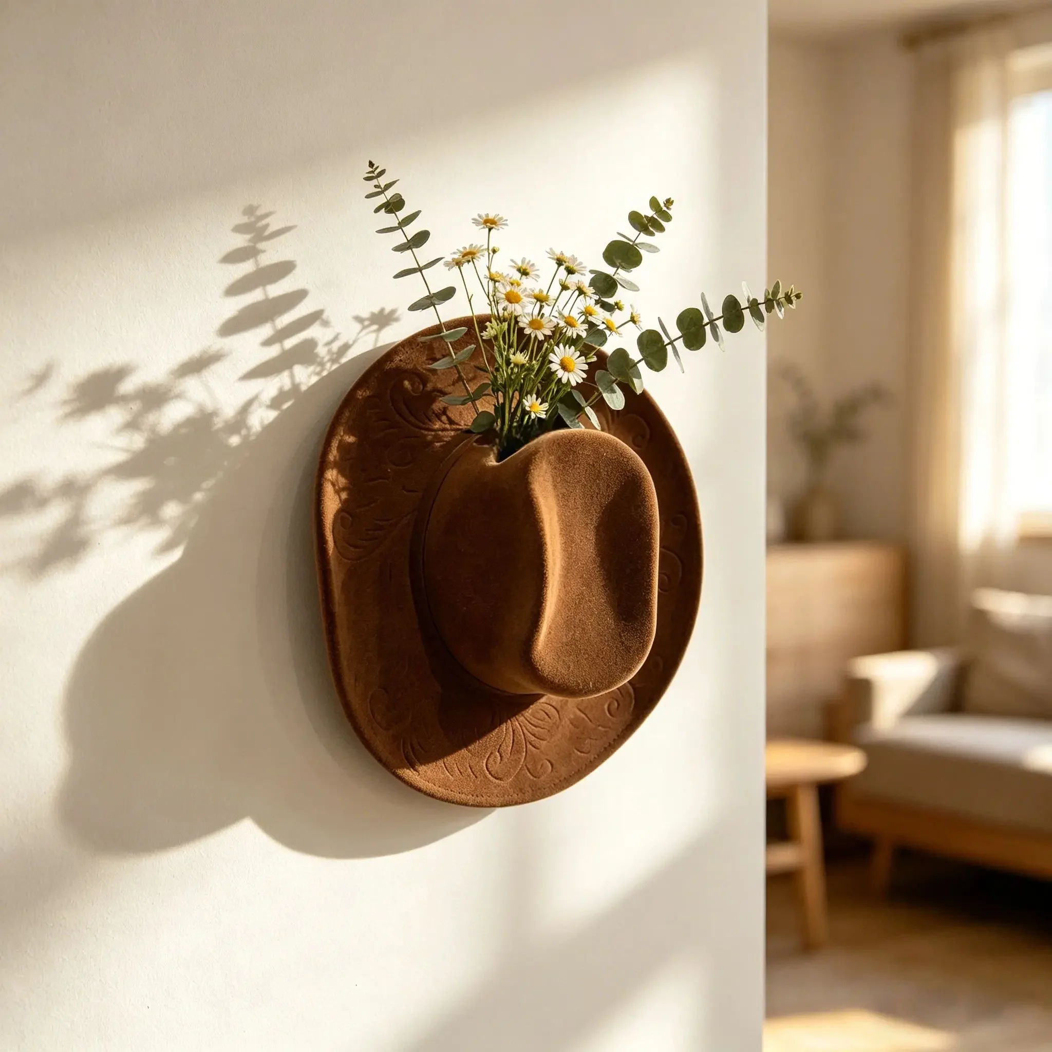Flocked Resin Western Cowboy Hat Wall Vases Floral Wall Mounted Dried Flower Planter Boho Rustic Wall Decor for Daisy Eucalyptus