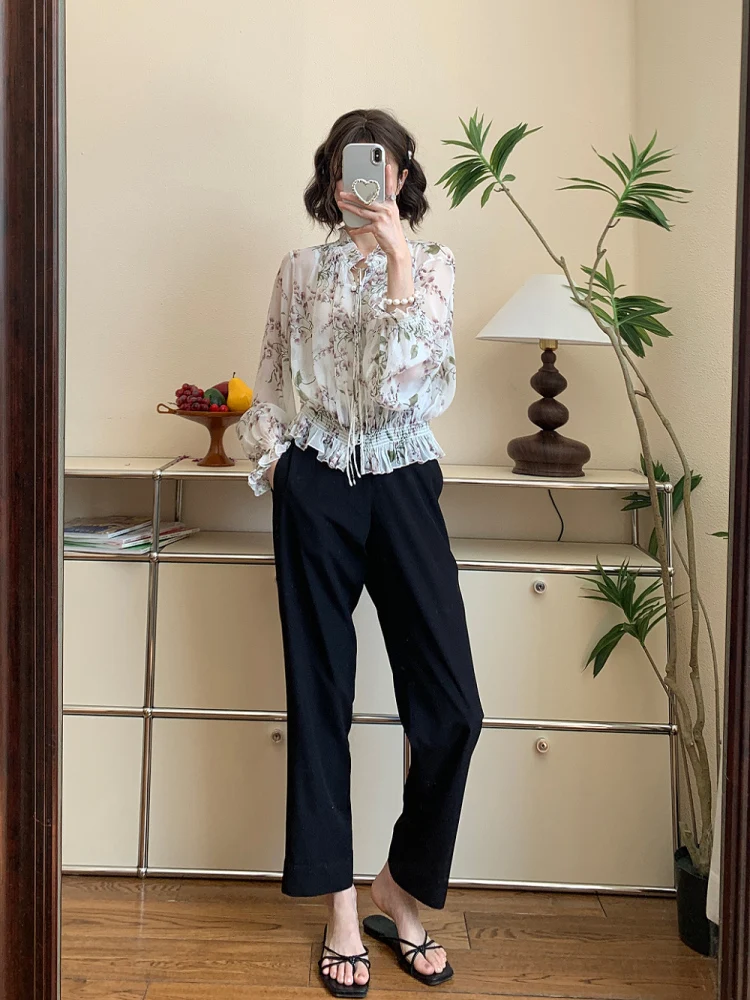 

Silk Commuting Pants Lightweight Cool Formal Slimming Straight Leg Nine-Tenths High Waist Button Closure Skin-Friendly Breath...