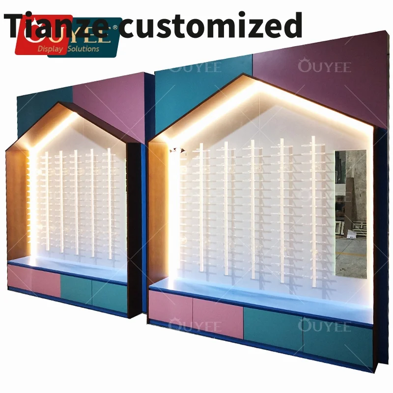 

Customized-Manufacture Custom Wall Mounted Sunglasses Aluminium Rod Unique Eyeglass Wall Display Lockable Optical Frame Displays