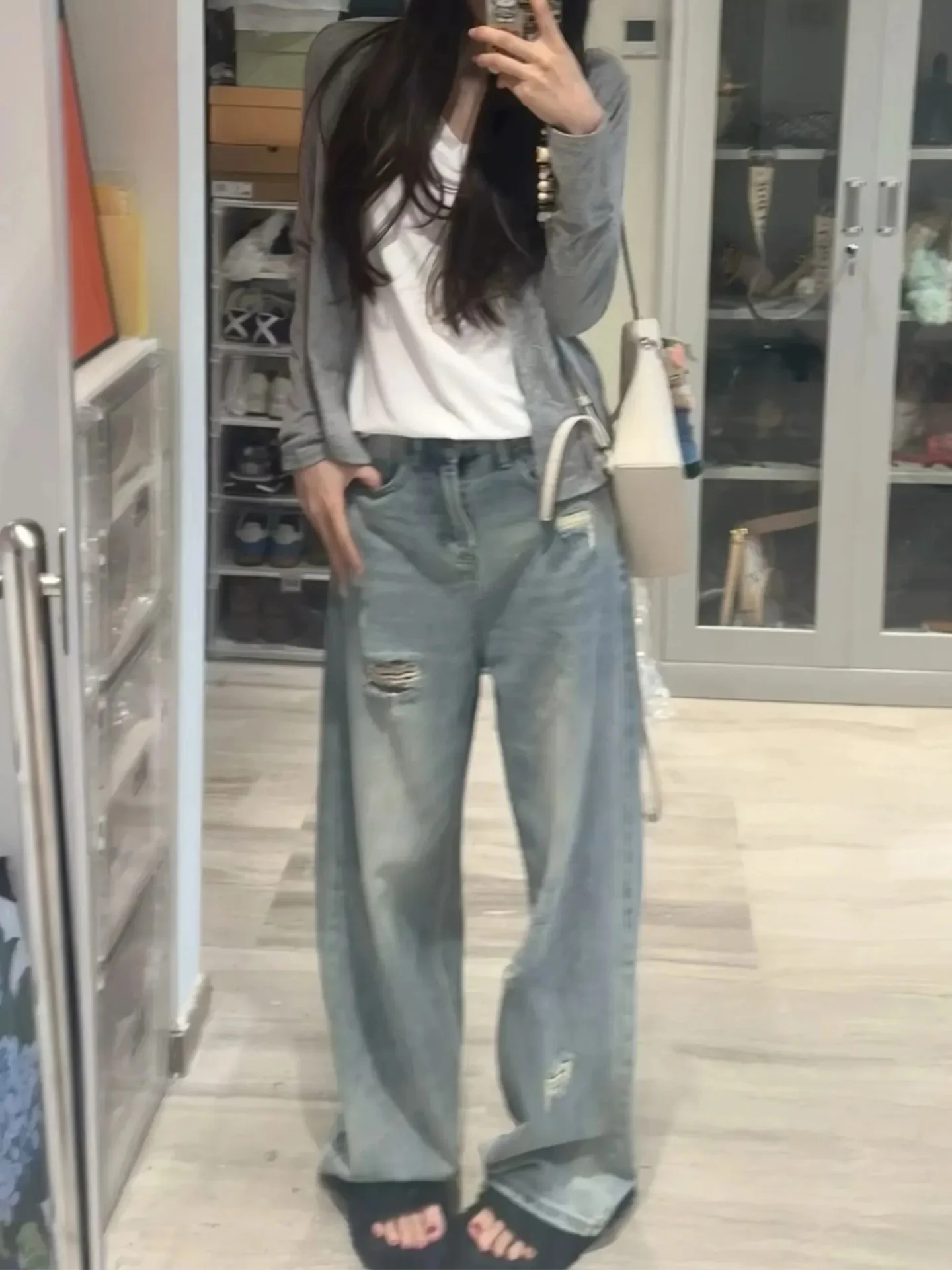 

High Waist Wide Leg Jeans Women's American Style Retro Washed High Street Straight Leg Jeans Summer New Hole Punching Slimmin...