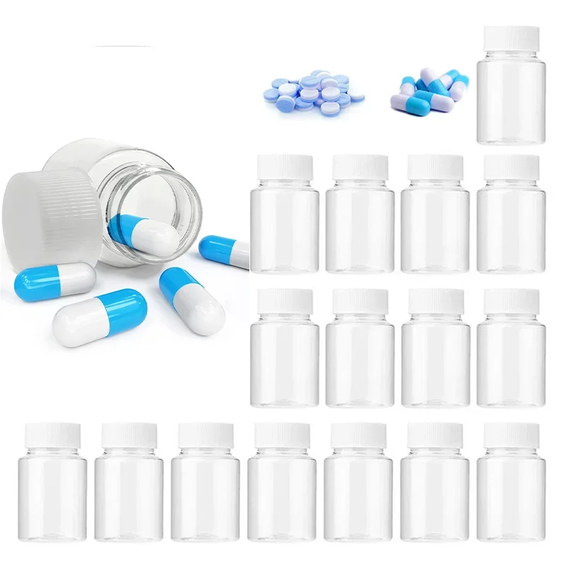 50pcs 15ml-100ml Clear Plastic Pill Bottles with Seal Caps Empty Reagent Bottle Reusable Chemical Capsules and Storage Container