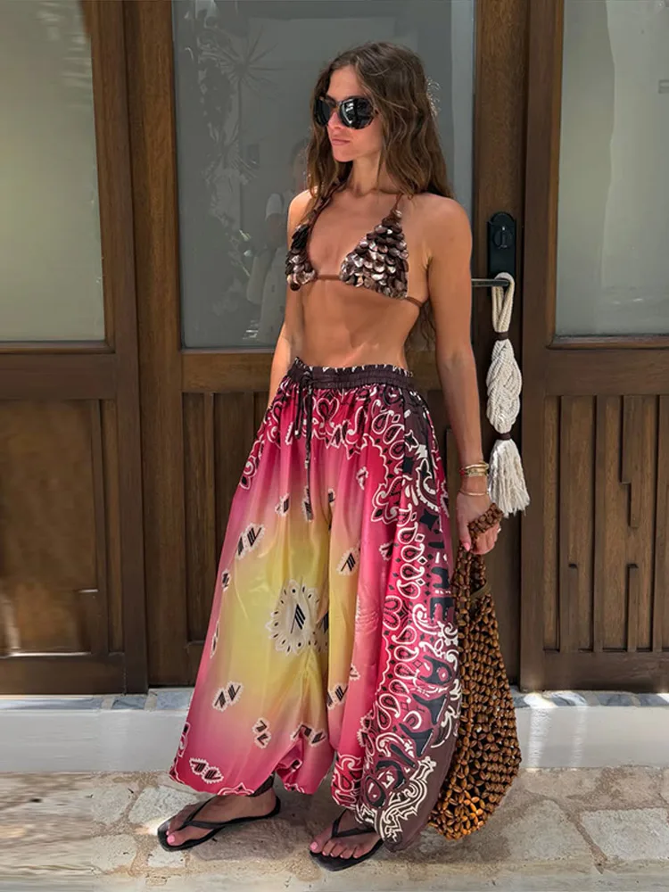 Loose Gradient Print Jogger Pants Women Elastic Drawstring Wide Leg Beach Holiday Trousers 2026 Summer Lady Boho New Outwears