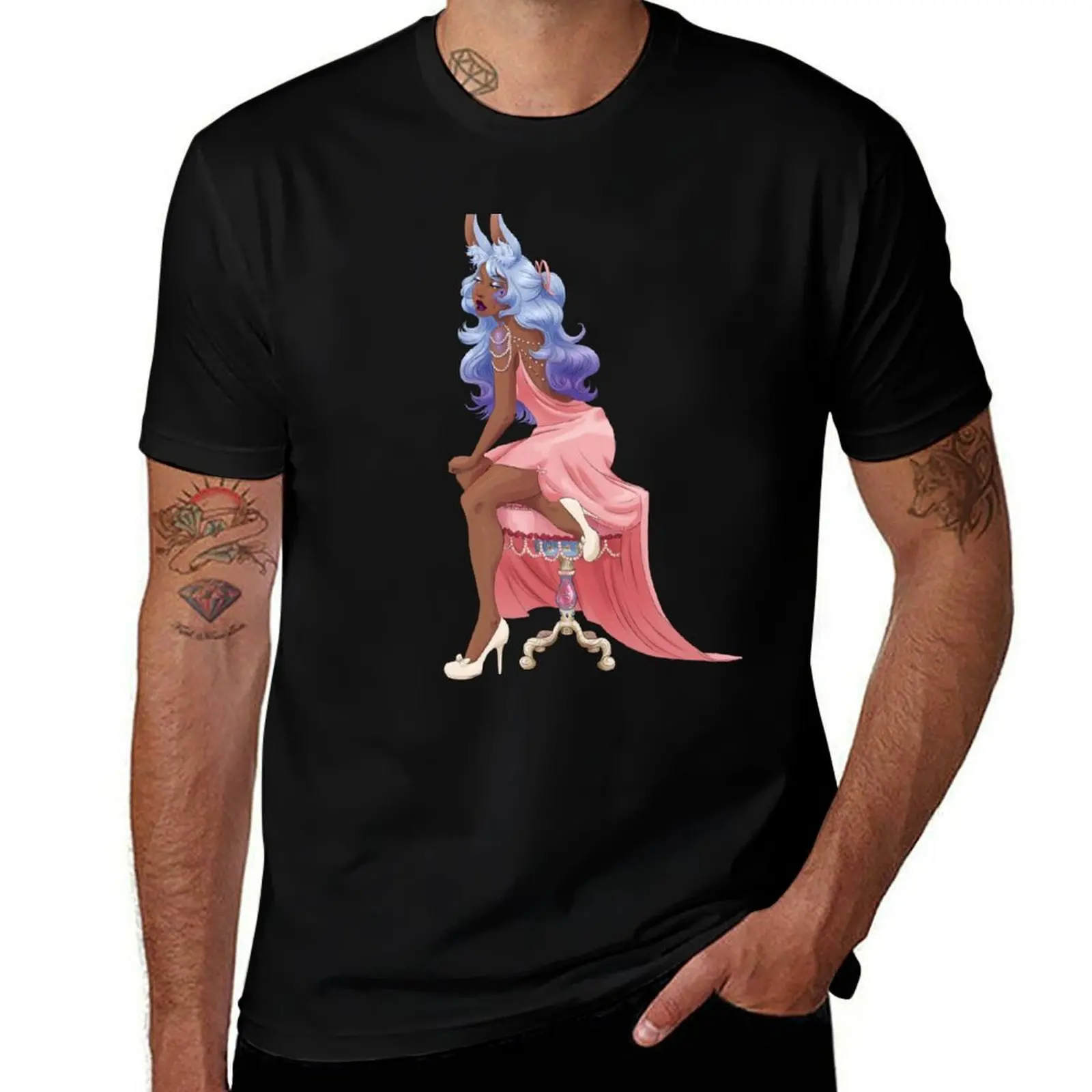 Bunny girl on fancy stool T-Shirt Soft Basic Cotton Short Sleeve Tee T-Shirt