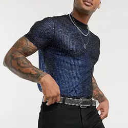 Luxury Brand Short Sleeve Male Summer Sexy Party Mesh T Shirt Blouse Tight Round Neck Short Sleeve Tops T Oversized T-Shirt 반팔티