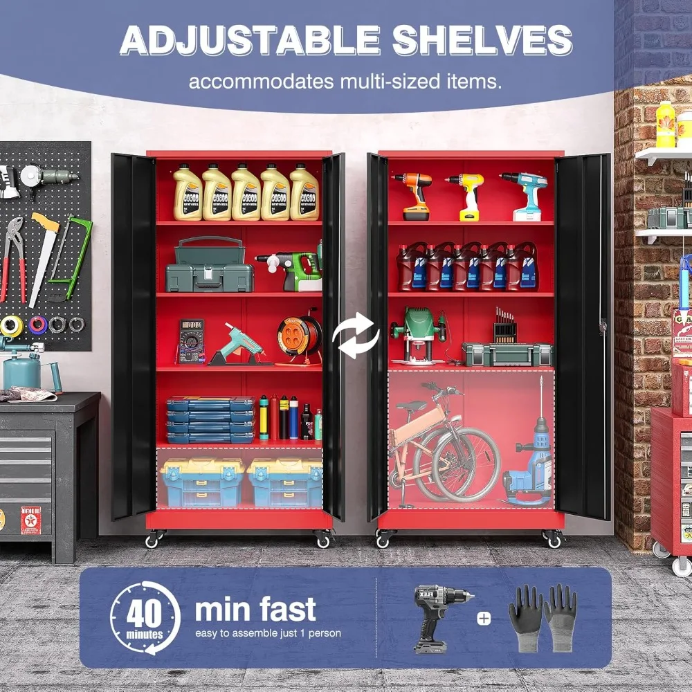 Gabinete de almacenamiento de metal con ruedas, gabinete de almacenamiento alto para garaje con 4 estantes ajustables y 2 puertas, gabinete de herramientas bloqueable para