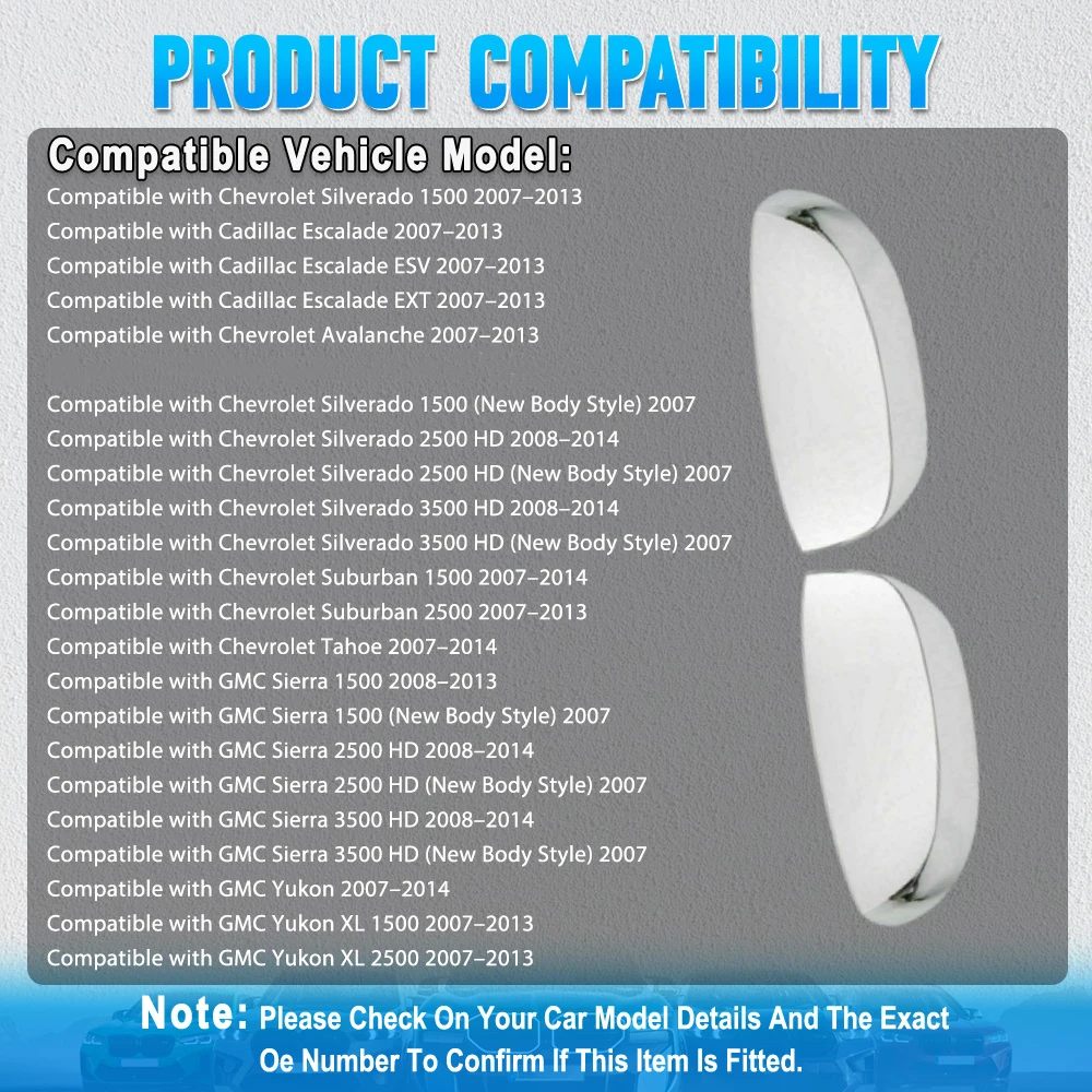 2PCS Chrome Side RearView Mirror Cover Caps For Chevrolet Silverado Suburban GMC Sierra Yukon Cadillac Escalade 2007-2013