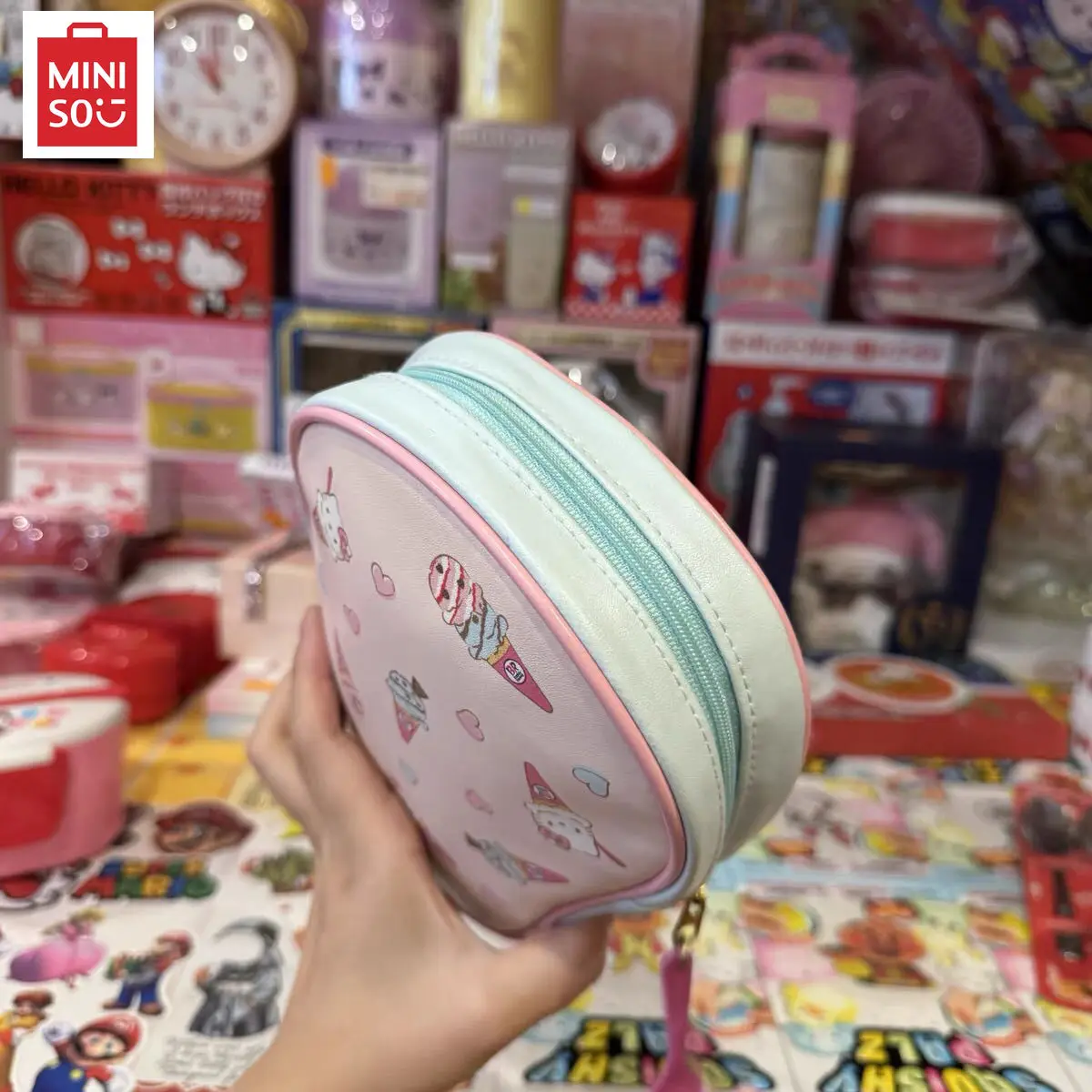 Miniso Sanrio Hello Kitty حافظة أقلام رصاص ، حقيبة أقلام بسعة كبيرة ، حقيبة أقلام رصاص لطيفة ، أدوات مكتبية كورية كاواي ، آيس كريم ، جديد