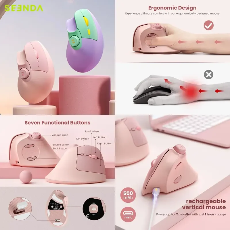 For Seenda Ergonomic Vertical Mouse Wireless Bluetooth Rechargeable Silent Click Volume Knob USB Optical Mice For Windows